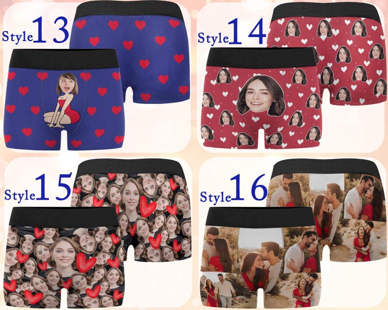 May include: Four different styles of underwear with various patterns. The first style features a blue background with red hearts and a cartoon woman. The second style features a red background with white hearts and a woman's face. The third style features a red background with hearts and faces. The fourth style features a photo collage of people.