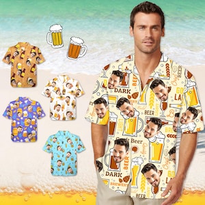 May include: A yellow and white patterned button-up shirt with a beer theme. The shirt features images of beer mugs, wheat, and the words "Craft Beer", "Dark Brewery", "Go Lager", and "Light Beer".