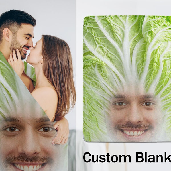 Funny Cabbage Blanket with Face, Personalized Photo Custom Blanket, Fun Birthday Anniversary Gift, Green Vegetable Picture Print Throws Gift