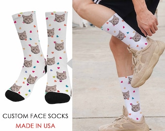 Custom Cute Cat Face Socks, Personalized Pet Picture Print Socks, Funny Socks for Men/ Women, Creative Birthday Gift, American Printed Socks