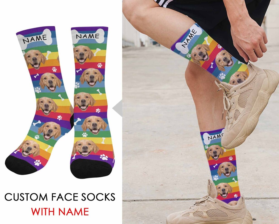 Cute Pet Photo Socks With Name Printed Custom Rainbow Socks Etsy