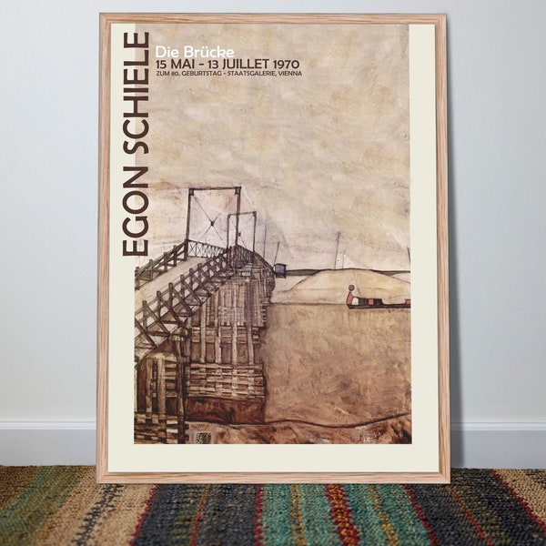 Egon Schiele Exhibition Poster | The Bridge | Egon Schiele Artwork | Architecture Art | Brown and Beige Decor | Vienna 1970 Art Exhibition