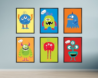 Colorful Monster Prints: Playroom Wall Art, Set of 6 (Digital Download)