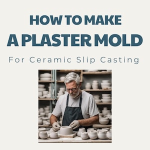 May include: A man in a workshop is making a plaster mould for ceramic slip casting. He is wearing a black apron and gloves. There are many ceramic pieces on shelves and a table in the background.