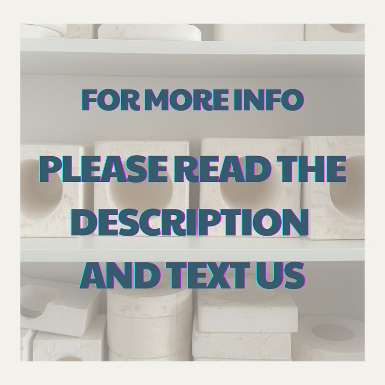 May include: White shelves with white ceramic blocks stacked on them. The text "FOR MORE INFO PLEASE READ THE DESCRIPTION AND TEXT US" is written in blue and purple letters on the shelves.
