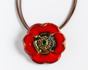 Ceramic pendant with red poopy flower