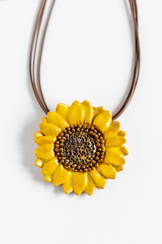 Ceramic Sunflower Pendant/ Sunflower Necklace/ Handmade Etsy