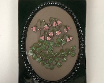 Jie Gantofta ceramic wall plaque with pink Linea flower motif, design Aimo Nietosvuori Sweden 1960s