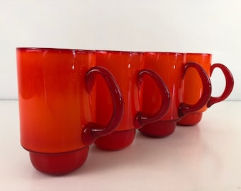 Large glass mugs , Holmegaard palet series bright orange, design Michael Bang, Holmegaard Denmark, 1960s Mid Century Modern Pop Art