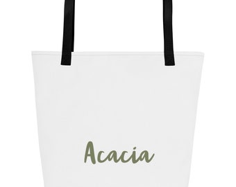 Bolsa de tela grande, fondo blanco con inscripción. Linea arboles, con asas negras y  bolsillo interior. Original tote bag