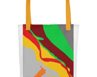 Bolsa de tela , fondo blanco con diseño estampado en colores en el frente y asas amarillas. Composición original de autor AL.Tote bag