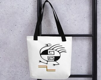 Bolsa de tela. Linea "precolombina" Icaria. Diseño en color negro con fondo blanco. Original tote bag