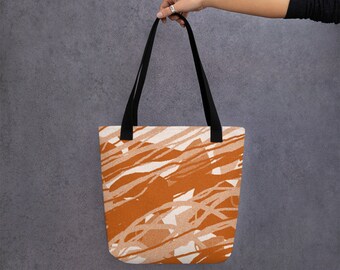 Bolsa de tela , estampado en tonos tostados, arena y marfil , con asas negras. Linea oceánica. Original tote bag