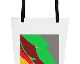 Bolsa de tela grande , fondo blanco con diseño estampado en colores en ambas caras  y asas negras. Composición original de autor AL.Tote bag