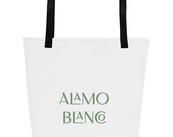 Bolsa de tela grande, fondo blanco con inscripción. Linea arboles, con asas negras/amarillas y bolsillo interior. Original tote bag