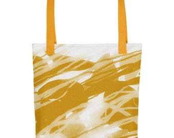 Bolsa de tela , estampado en tonos de ocre y vainilla, con asas amarillas. Linea oceánica. Original tote bag