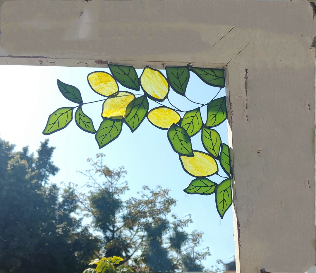 Lemon tree Stained glass window corner decor,orange tree art,Fake plant leaf window wall door decor,Lemon tree decor,nature home decor
