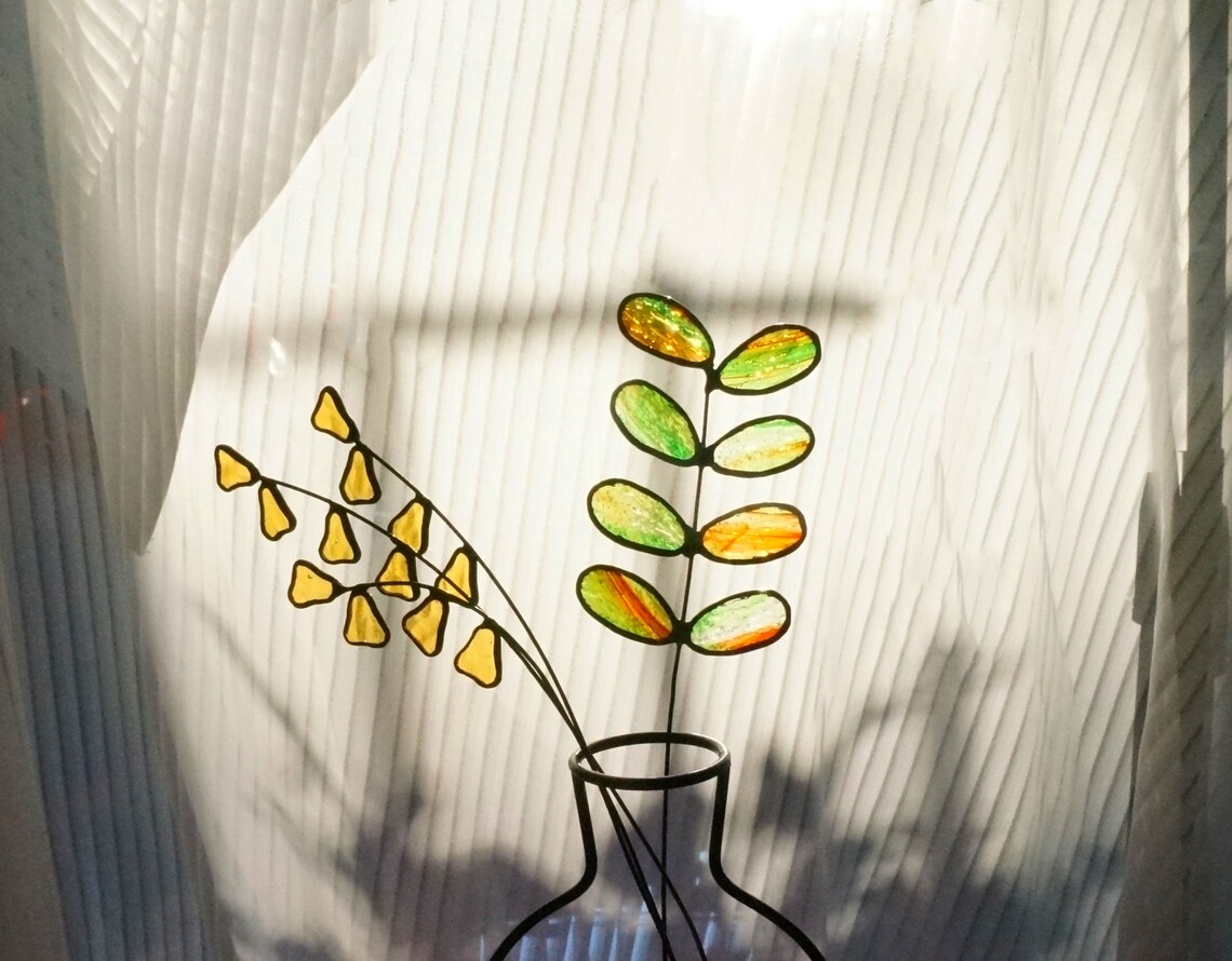 Stained Glass Leaves Plant Suncatcherhome Decorflower Leaves Etsy UK
