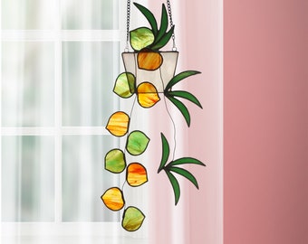 Hanging Plants Window Planter Fake Plant Suncatcher.White Pot Faux Plant Window Hanging Planter Glass Art,Stained glass Plants,Spring decor