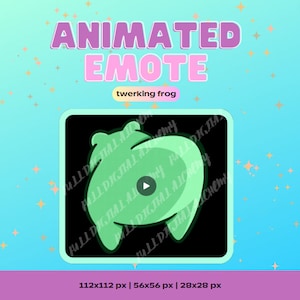 May include: Animated green frog emote with a play button in the center, against a black background. The text "twerking frog" is displayed above the image. The image is 112 pixels by 112 pixels.