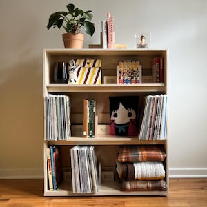 May include: A light-colored wooden bookshelf with three shelves. The top shelf holds a potted plant, books, and decorative items. The middle shelf displays vinyl records, books, and a plush doll. The bottom shelf contains vinyl records and folded blankets.
