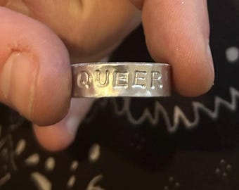 Hand stamped aluminium ring, queer ring, gay, boho ring, handmade ring, ring get, lesbian, lgbtq ring