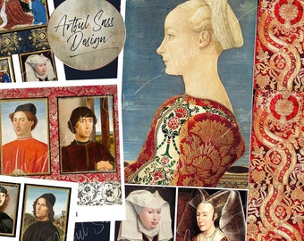May include: A digital collage of Renaissance-era portraits, featuring men and women in elaborate clothing. The portraits are arranged in a grid pattern, with a red and gold background. The text "Artful Sass Design" appears in the upper right corner.