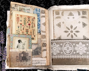 May include: Open journal with vintage ephemera, including botanical illustrations, lace, and framed images. Decorative tags feature butterfly art, a woman sewing, and a religious scene. The text "Examples of Kit in Use" is visible.