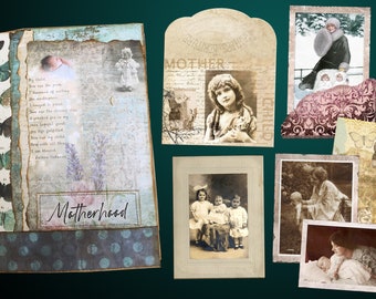 May include: A scrapbook with a blue and green cover featuring the word "Motherhood" and various vintage images of mothers and children. The scrapbook includes images of a mother and child in a snowy landscape, a mother and child in a garden, and a mother and three children.