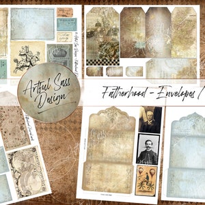 May include: A set of printable digital papers featuring vintage-style envelopes and cards with a fatherhood theme. The papers feature a variety of textures and designs, including maps, portraits, and floral patterns. The papers are perfect for scrapbooking, card making, and other paper crafts.