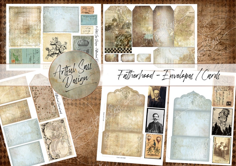 May include: A set of printable digital papers featuring vintage-style envelopes and cards with a fatherhood theme. The papers feature a variety of textures and designs, including maps, portraits, and floral patterns. The papers are perfect for scrapbooking, card making, and other paper crafts.
