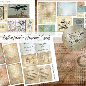 May include: A set of printable journal cards with a vintage aesthetic. The cards feature a variety of textures and patterns, including maps, old paper, and handwritten text. The cards are designed for scrapbooking, journaling, and other paper crafts. The text on the cards includes the words "Fatherhood", "I'm doing it my way!" and "Be a good Dad, not a perfect one!"