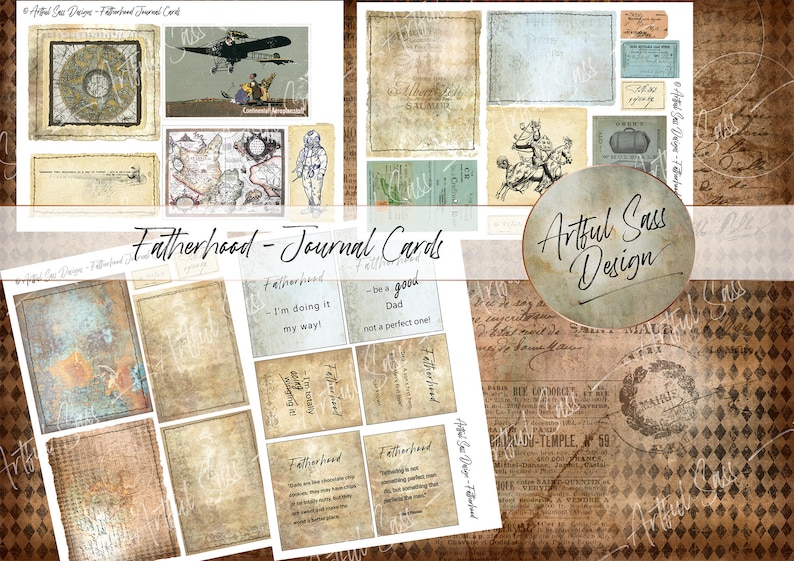 May include: A set of printable journal cards with a vintage aesthetic. The cards feature a variety of textures and patterns, including maps, old paper, and handwritten text. The cards are designed for scrapbooking, journaling, and other paper crafts. The text on the cards includes the words "Fatherhood", "I'm doing it my way!" and "Be a good Dad, not a perfect one!"