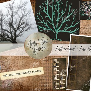 May include: A digital printable family tree template with a rustic brown background and a green tree silhouette. The text "Fatherhood - Family Tree" is at the top of the template. The template includes spaces for photos and names. Add your own family photos.