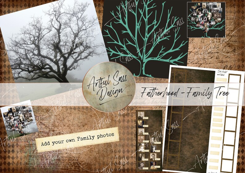May include: A digital printable family tree template with a rustic brown background and a green tree silhouette. The text "Fatherhood - Family Tree" is at the top of the template. The template includes spaces for photos and names. Add your own family photos.