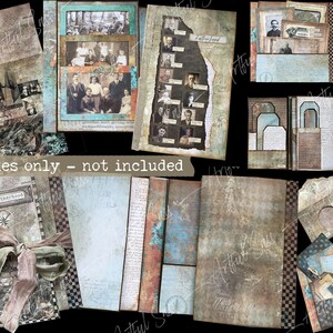 May include: A collection of vintage-style scrapbook paper and embellishments in shades of brown, blue, and green. The papers feature various textures, patterns, and designs, including a compass, a map, and a checkered pattern. The embellishments include a butterfly, a compass, and a tag with the word "fatherhood" on it.