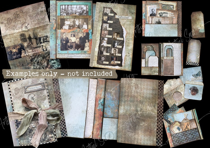 May include: A collection of vintage-style scrapbook paper and embellishments in shades of brown, blue, and green. The papers feature various textures, patterns, and designs, including a compass, a map, and a checkered pattern. The embellishments include a butterfly, a compass, and a tag with the word "fatherhood" on it.