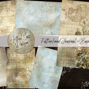 May include: A set of six digital paper backgrounds featuring vintage textures and the text "Artful Sass Design" in a handwritten font. The papers are in shades of brown, blue, and white, and have a distressed look. The papers are perfect for scrapbooking, card making, and other paper crafts.