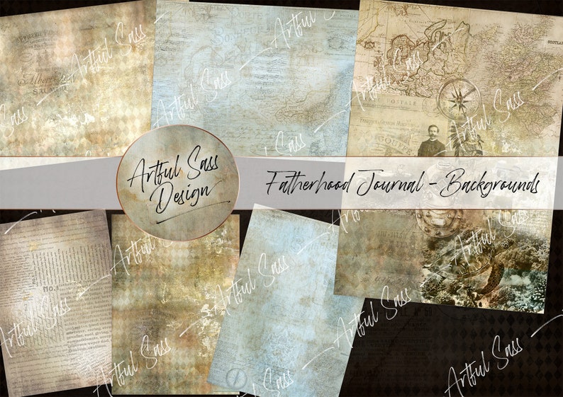 May include: A set of six digital paper backgrounds featuring vintage textures and the text "Artful Sass Design" in a handwritten font. The papers are in shades of brown, blue, and white, and have a distressed look. The papers are perfect for scrapbooking, card making, and other paper crafts.