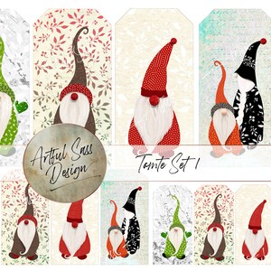 May include: Set of 10 printable gift tags featuring gnomes in various colours and patterns. The tags have a rustic, vintage look and are perfect for adding a personal touch to your gifts.  Artful Sass Design - Tomte Set 1