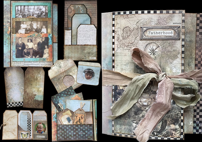 May include: A scrapbook with a brown leather cover and a map design. The cover is decorated with a compass, a ribbon, and the word "Fatherhood". The scrapbook is filled with photos and other memorabilia.