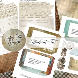 May include: A printable digital download for a Father's Day card. The design features a rustic, vintage aesthetic with a brown and blue color scheme. The text "Fatherhood - Text" is printed on a frame with a distressed background. The download includes a photo frame, a compass, and a diving helmet.