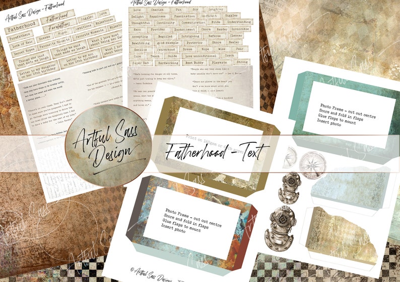 May include: A printable digital download for a Father's Day card. The design features a rustic, vintage aesthetic with a brown and blue color scheme. The text "Fatherhood - Text" is printed on a frame with a distressed background. The download includes a photo frame, a compass, and a diving helmet.