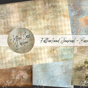 May include: A collage of six digital paper backgrounds in muted tones of brown, blue, and white. The papers feature a variety of textures, including distressed, vintage, and patterned. The papers are labeled "Artful Sass Design" and "Fatherhood Journal - Backgrounds".