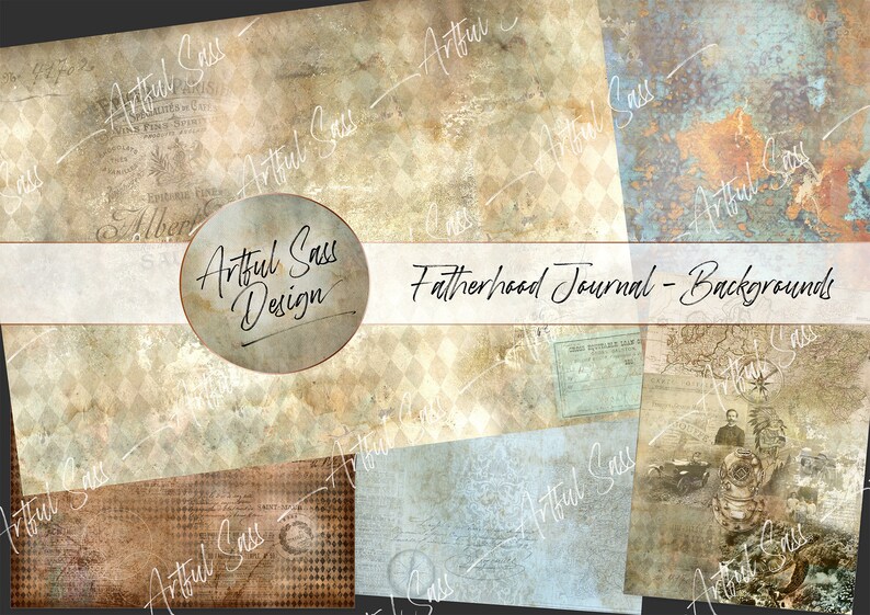 May include: A collage of six digital paper backgrounds in muted tones of brown, blue, and white. The papers feature a variety of textures, including distressed, vintage, and patterned. The papers are labeled "Artful Sass Design" and "Fatherhood Journal - Backgrounds".