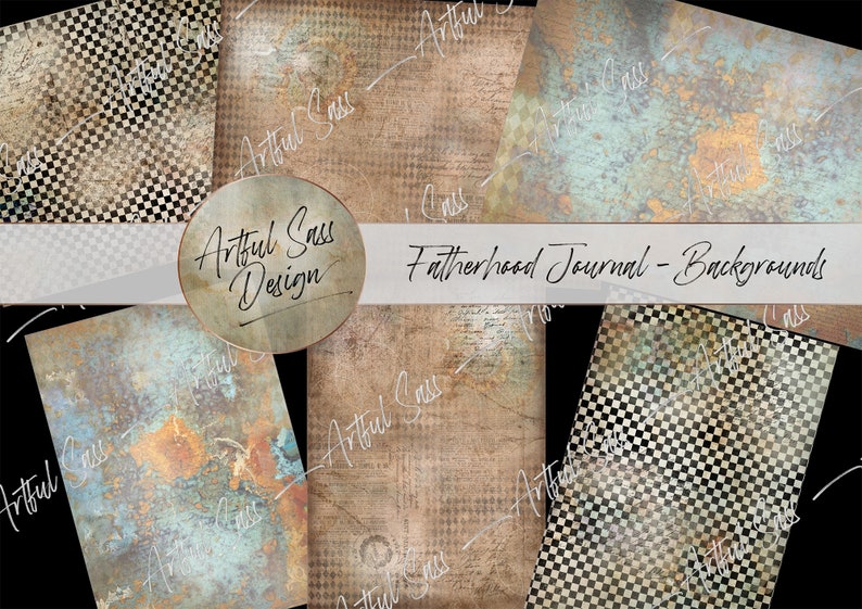 May include: Set of six digital paper backgrounds in a vintage style with a checkered pattern, distressed textures, and faded writing. The papers are perfect for scrapbooking, digital art, and other creative projects.  The text on the image reads "Fatherhood Journal - Backgrounds".