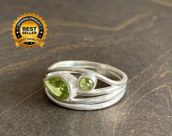 Bague Péridot Véritable En Argent Sterling - Taille 10 Et Plus - Signe Du Mois D'août