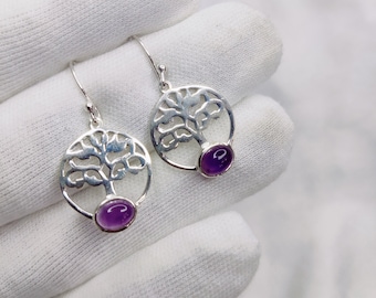 ツリーとアメジストのイヤリング – 925シルバー – ハンドメイド