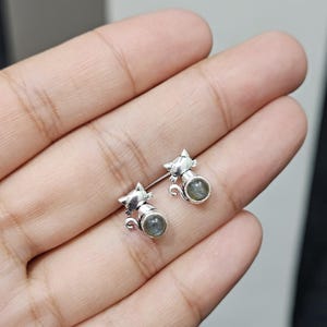 925 Sterling Silver Cat Earrings with Labradorite Gemstone, Tiny Kitty Studs Handmade Jewelry, Gift for Birthday