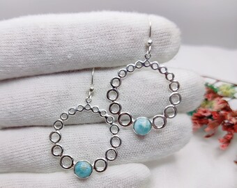 Handmade Larimar Gemstone Sterling Silver Drop Earrings, Round Blue Stone Jewelry for women